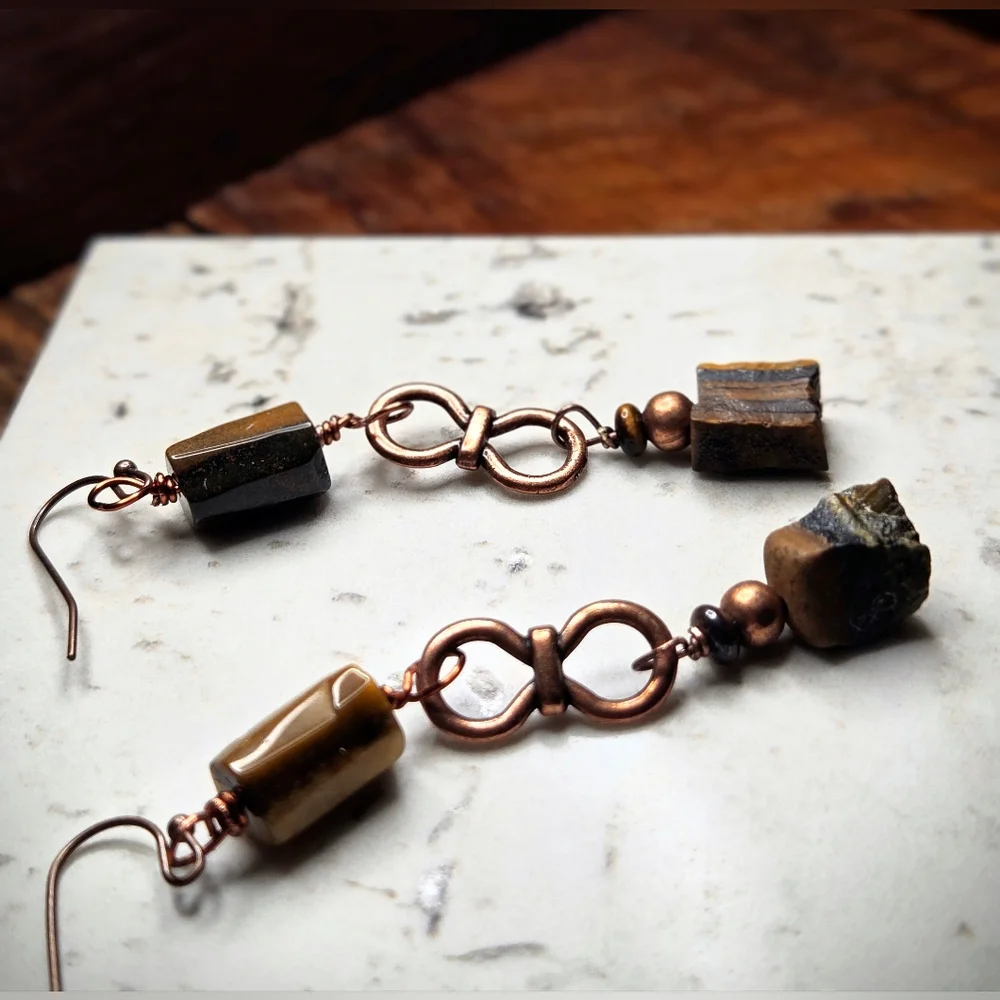 Primitive Chic Natural Tiger's Eye In Handmade Artisan Antique Copper Earrings - Picture 4 of 11